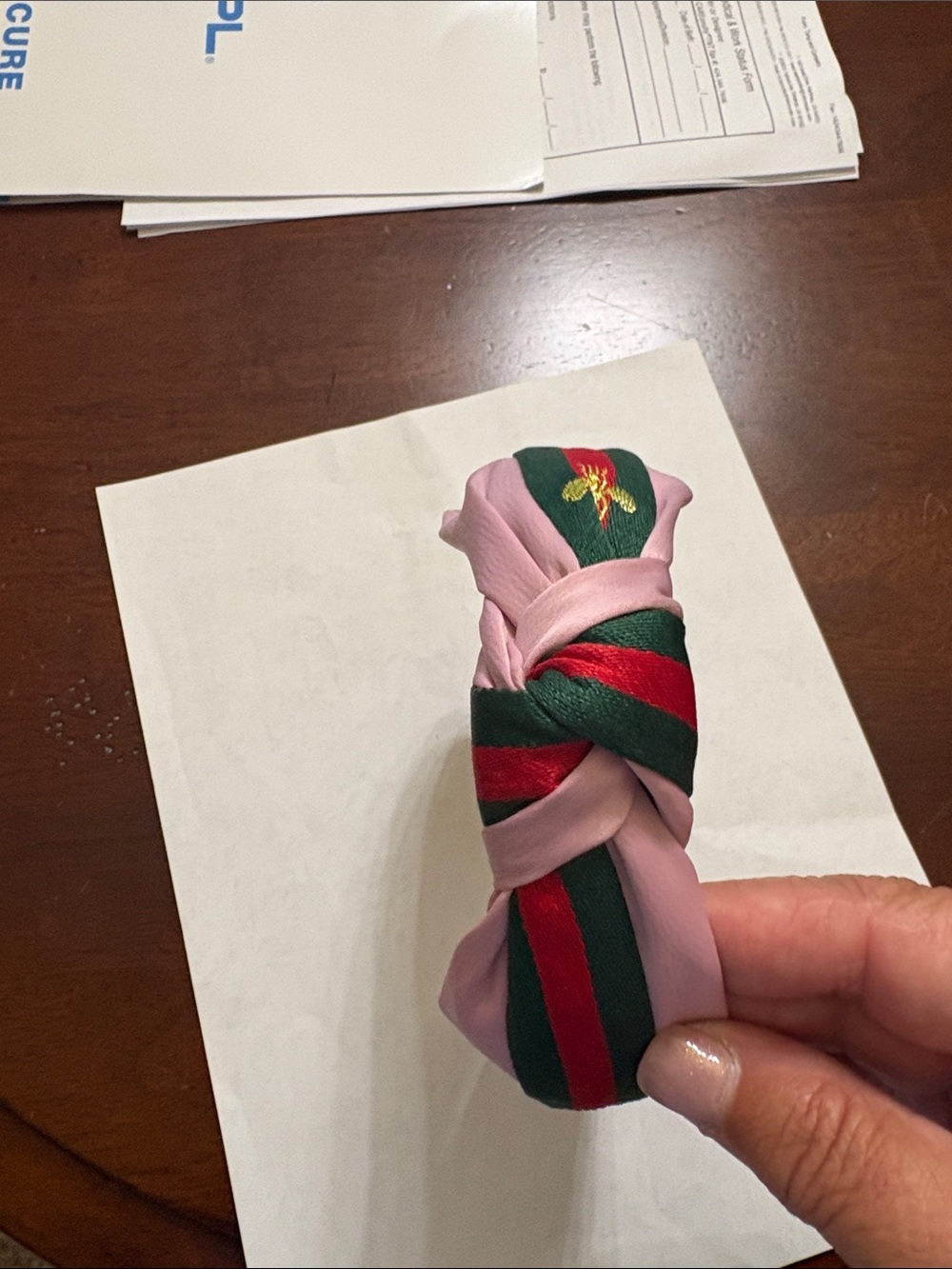 Pink Knotted Headband with Green & Red Stripe and Embroidered Bee